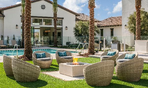 Clubhouse outdoor lounge area with fire pit